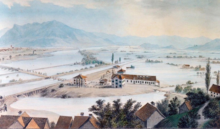 Überschwemmung Rhein von 1868 in Au, Kanton St. Gallen. Staatsarchiv St. Gallen